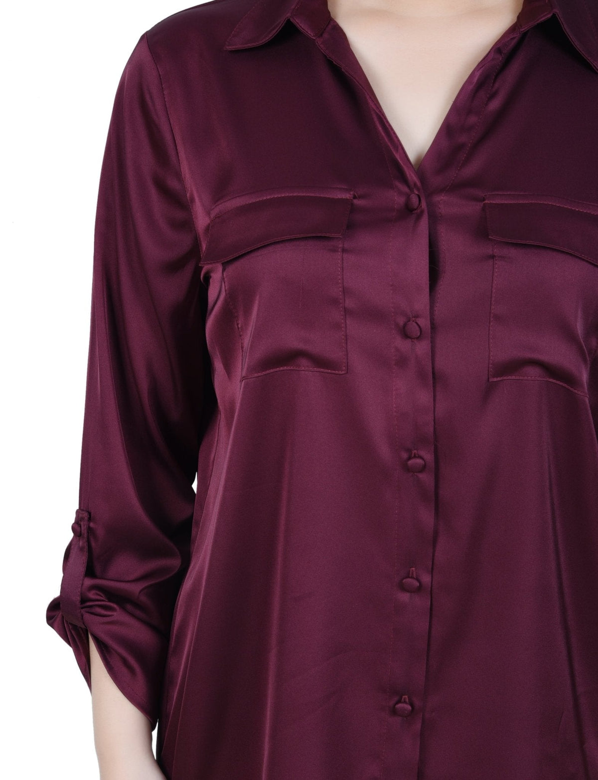Dressbarn Popular | 3/4 Length Sleeve Roll Tab Satin Blouse - Petite