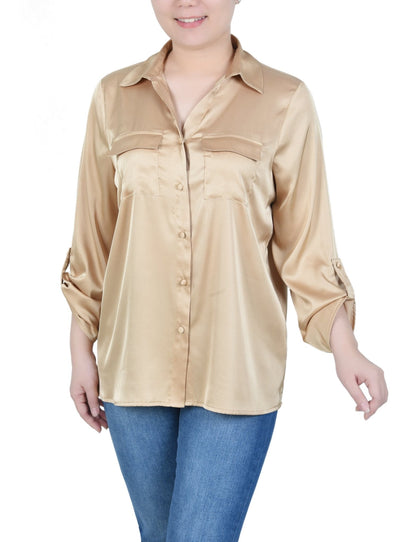 Dressbarn Popular | 3/4 Length Sleeve Roll Tab Satin Blouse - Petite