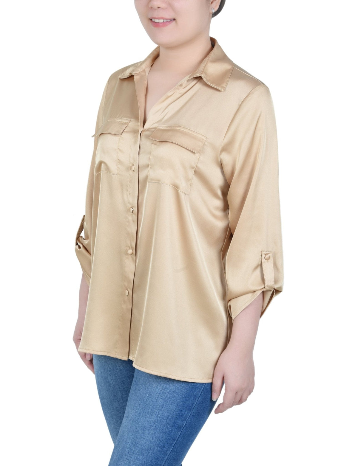 Dressbarn Popular | 3/4 Length Sleeve Roll Tab Satin Blouse - Petite
