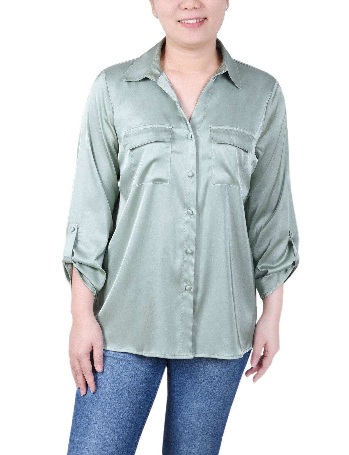 Dressbarn Popular | 3/4 Length Sleeve Roll Tab Satin Blouse - Petite