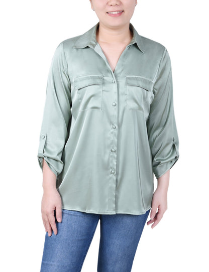 Dressbarn Popular | 3/4 Length Sleeve Roll Tab Satin Blouse - Petite
