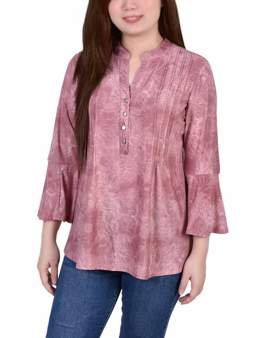 Dressbarn Best Seller | Mauve Tie Dye 3/4 Bell Sleeve Pleat Front Y Neck Top - Petite