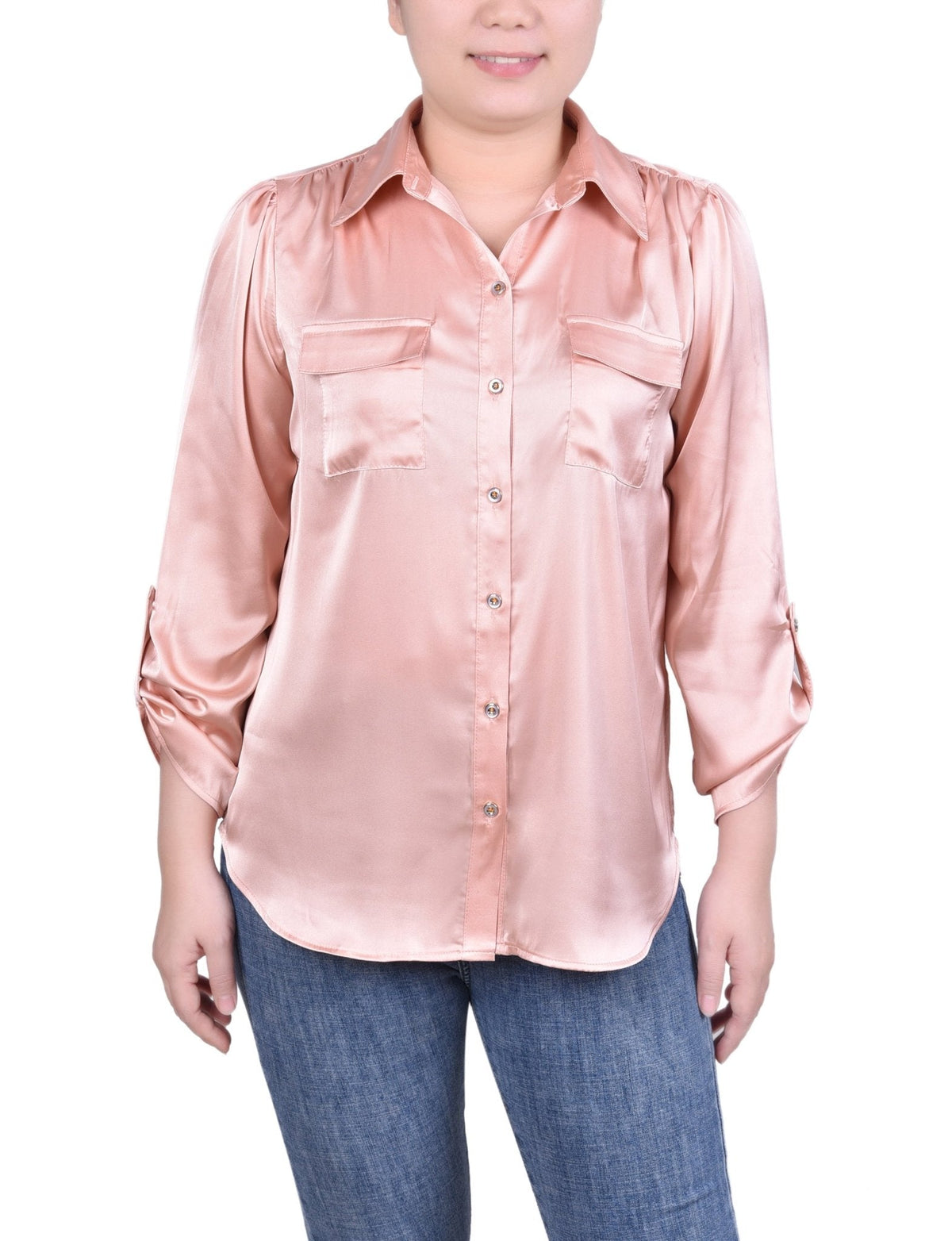 Dressbarn Recommended | Tabbed Long Sleeve Satin Blouse - Petite