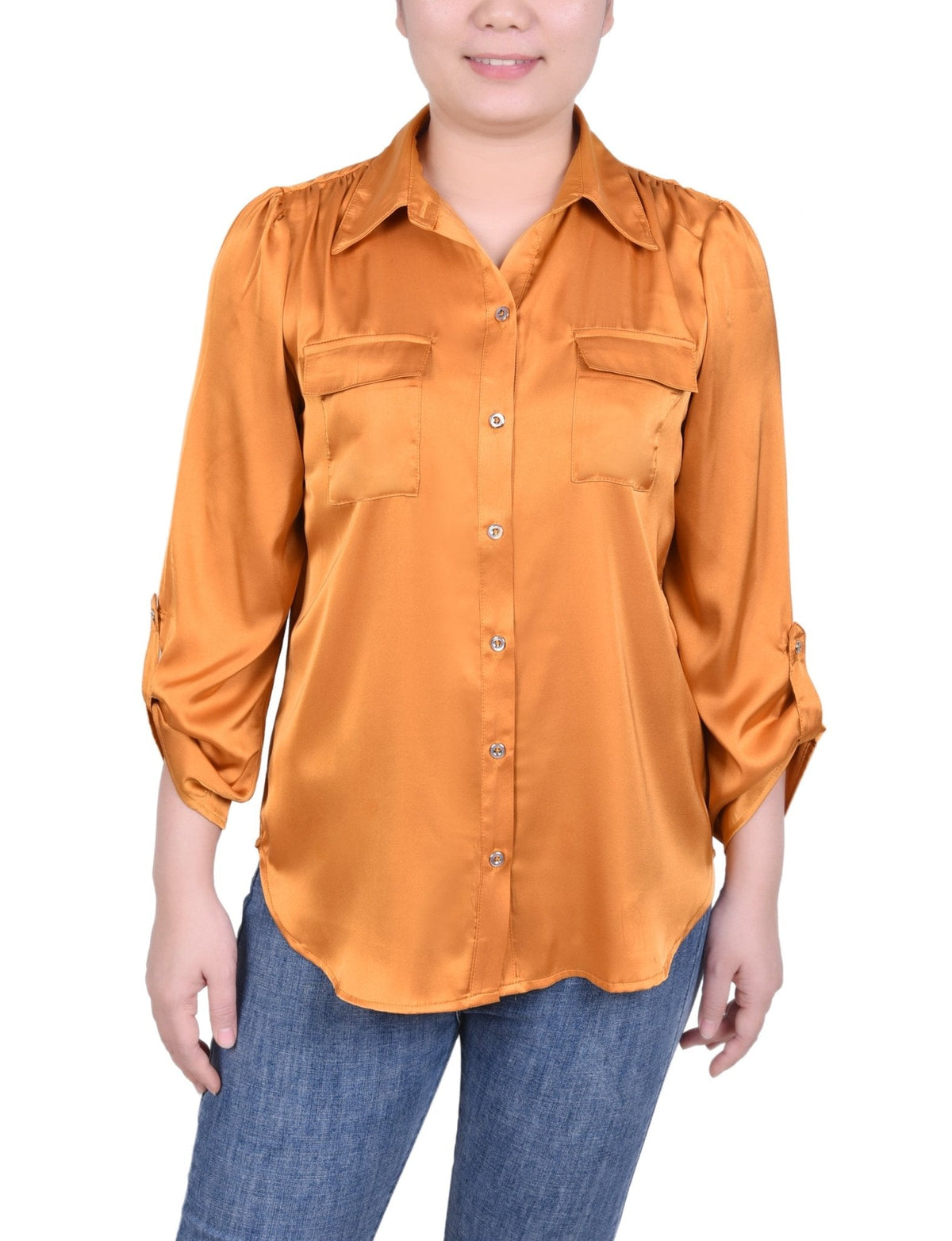 Dressbarn Recommended | Tabbed Long Sleeve Satin Blouse - Petite