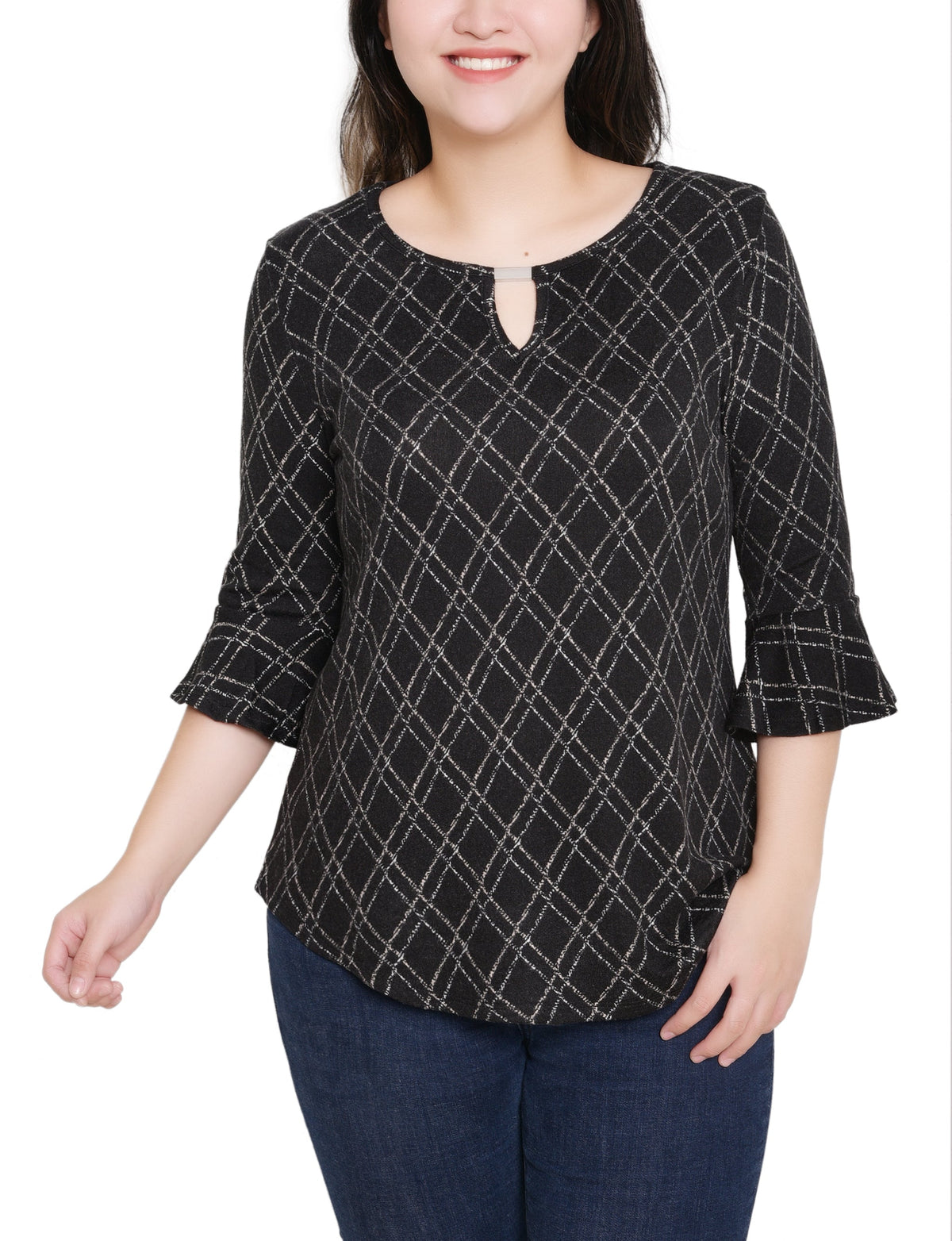 Dressbarn Premium | NY Collection Petite 3/4 Bell Sleeve Top With Hardware