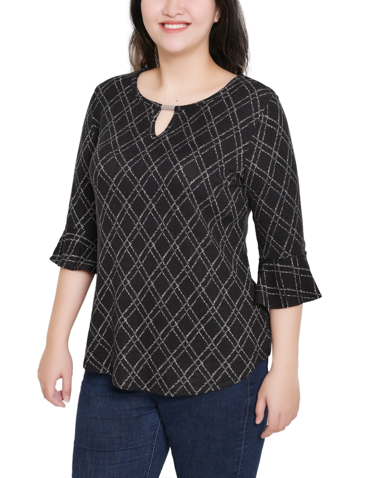 Dressbarn Premium | NY Collection Petite 3/4 Bell Sleeve Top With Hardware