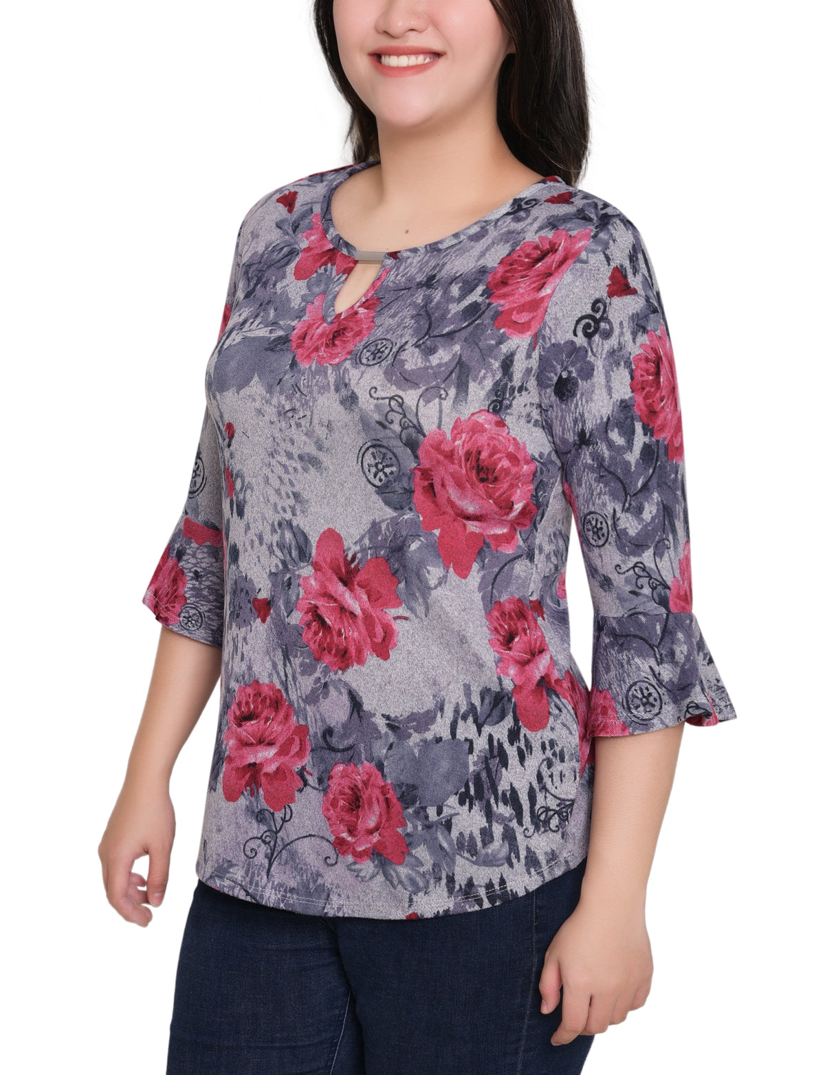 Dressbarn Premium | NY Collection Petite 3/4 Bell Sleeve Top With Hardware