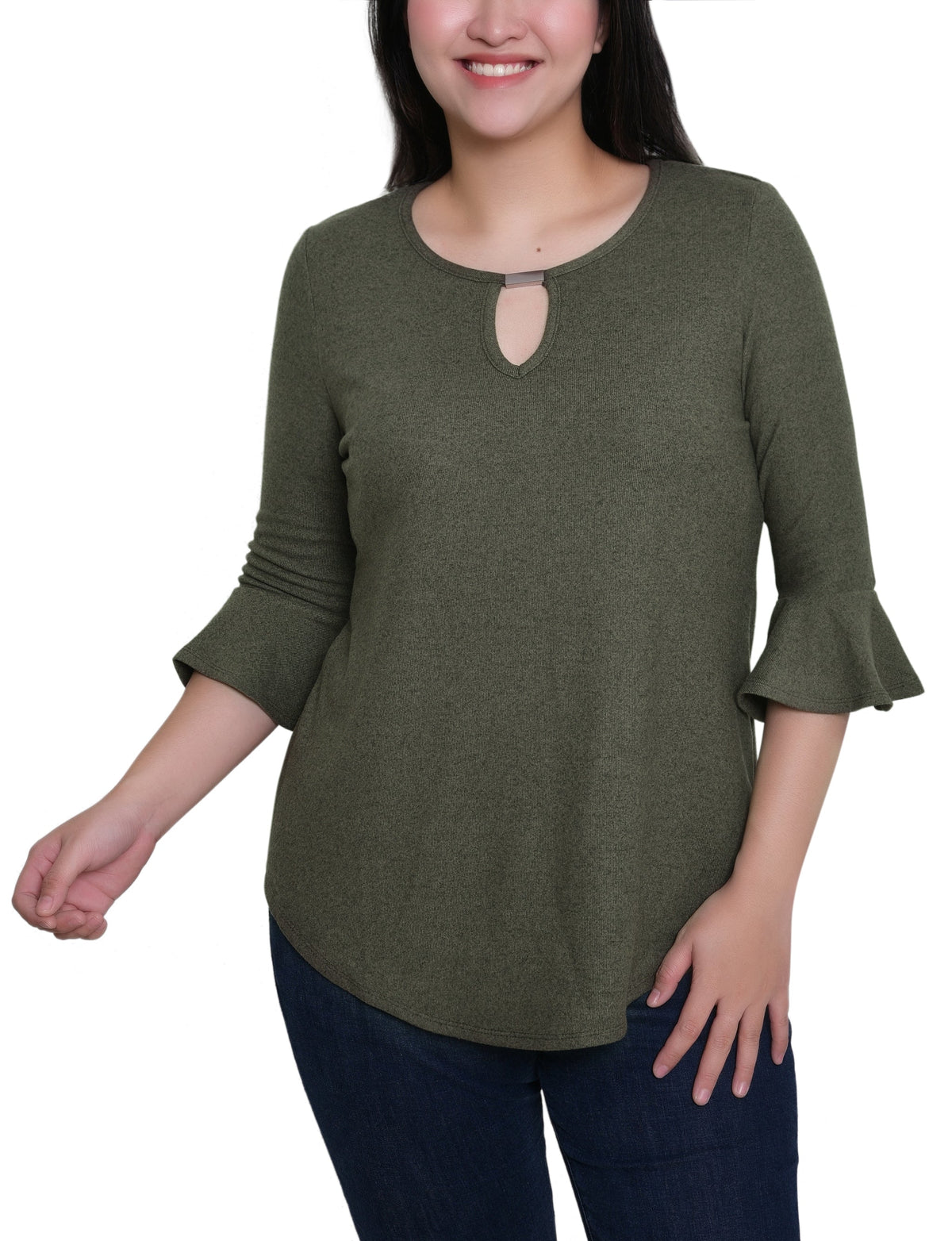 Dressbarn Premium | NY Collection Petite 3/4 Bell Sleeve Top With Hardware