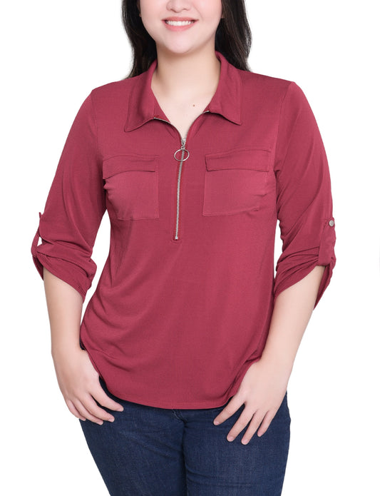 Dressbarn New | NY Collection Petite 3/4 Roll Tab Zip Front Top - Burgandy