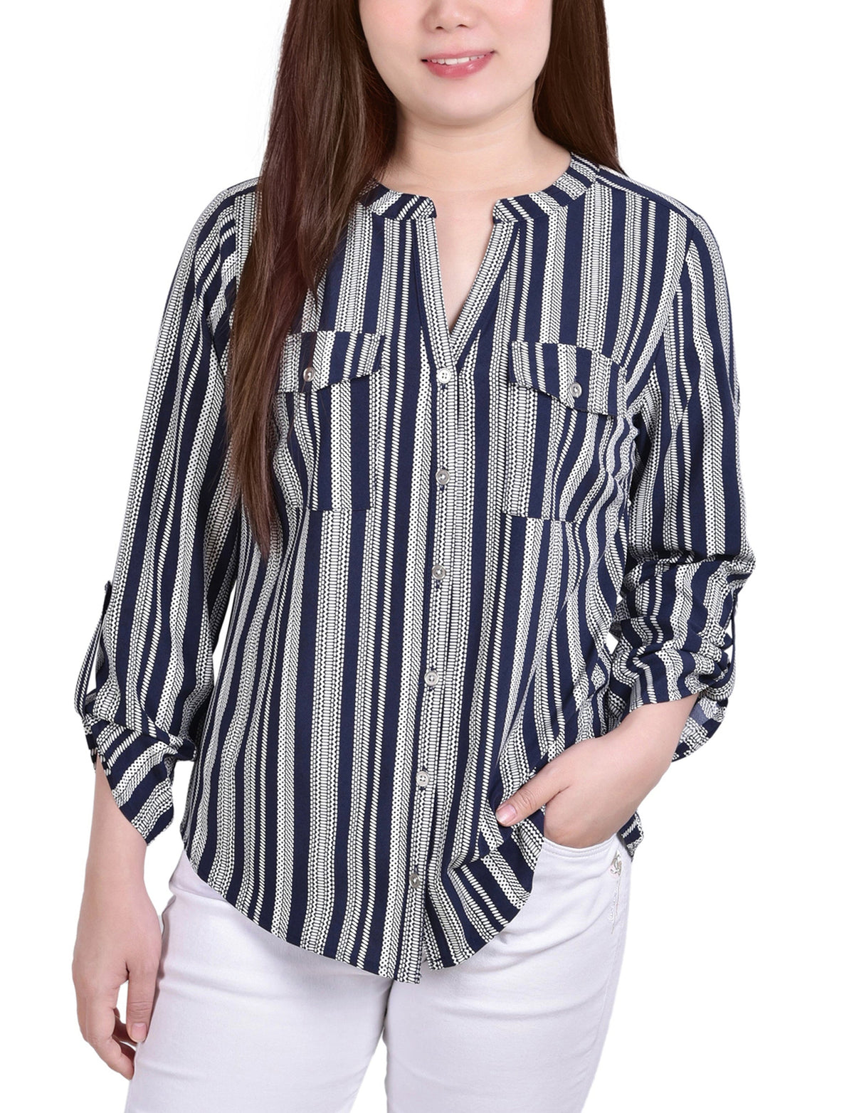 Dressbarn Best Seller | Navy White Stripe 3/4 Roll Tab Sleeve Mandarin Collar Blouse - Petite