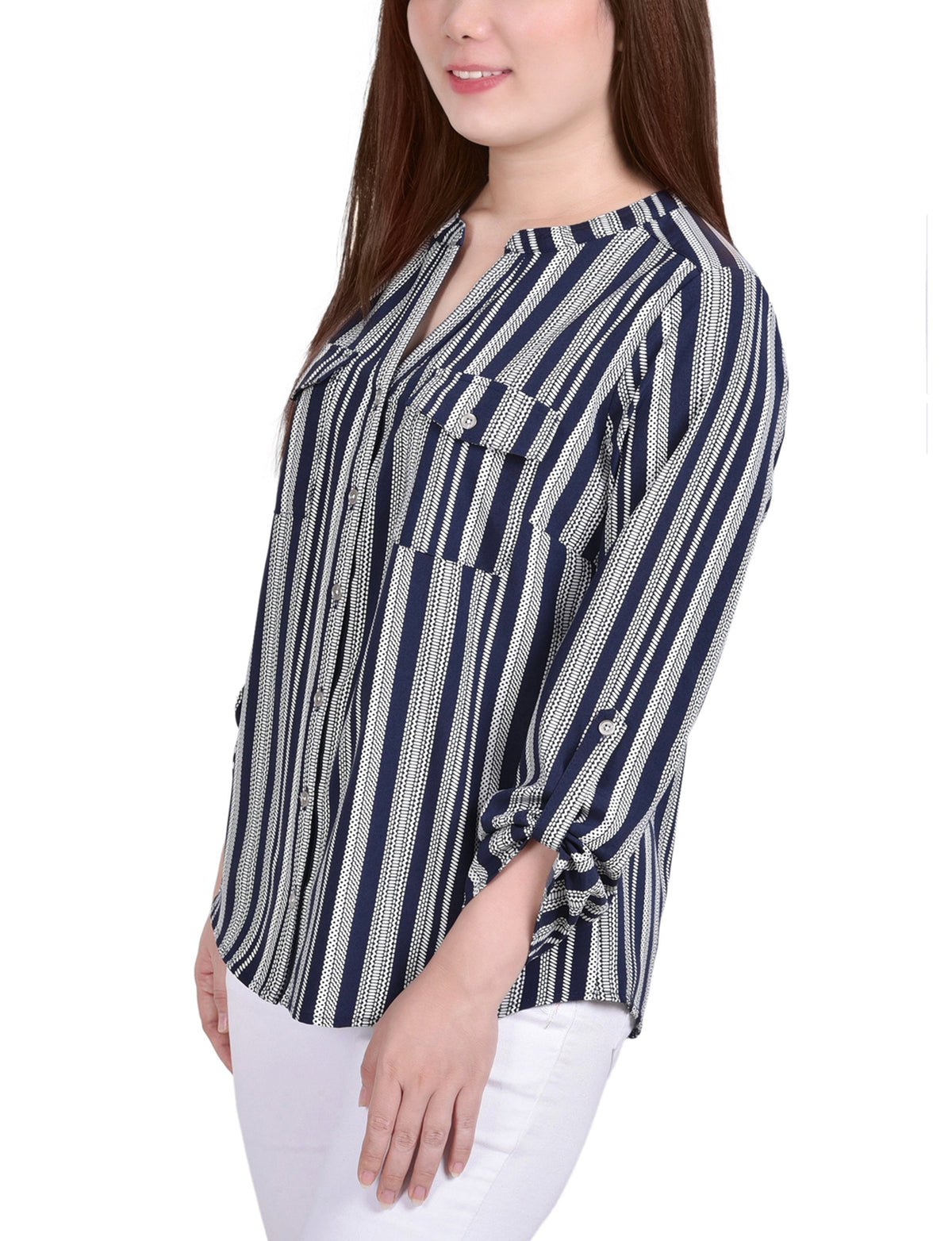 Dressbarn Best Seller | Navy White Stripe 3/4 Roll Tab Sleeve Mandarin Collar Blouse - Petite