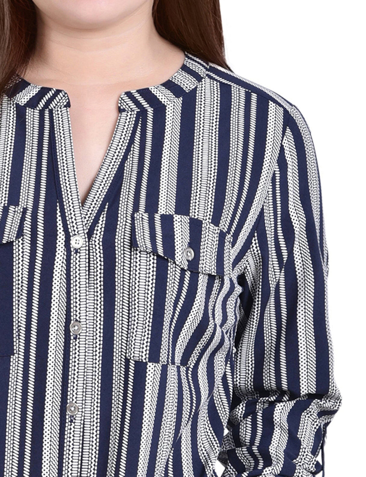 Dressbarn Best Seller | Navy White Stripe 3/4 Roll Tab Sleeve Mandarin Collar Blouse - Petite