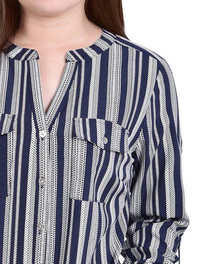 Dressbarn Best Seller | Navy White Stripe 3/4 Roll Tab Sleeve Mandarin Collar Blouse - Petite