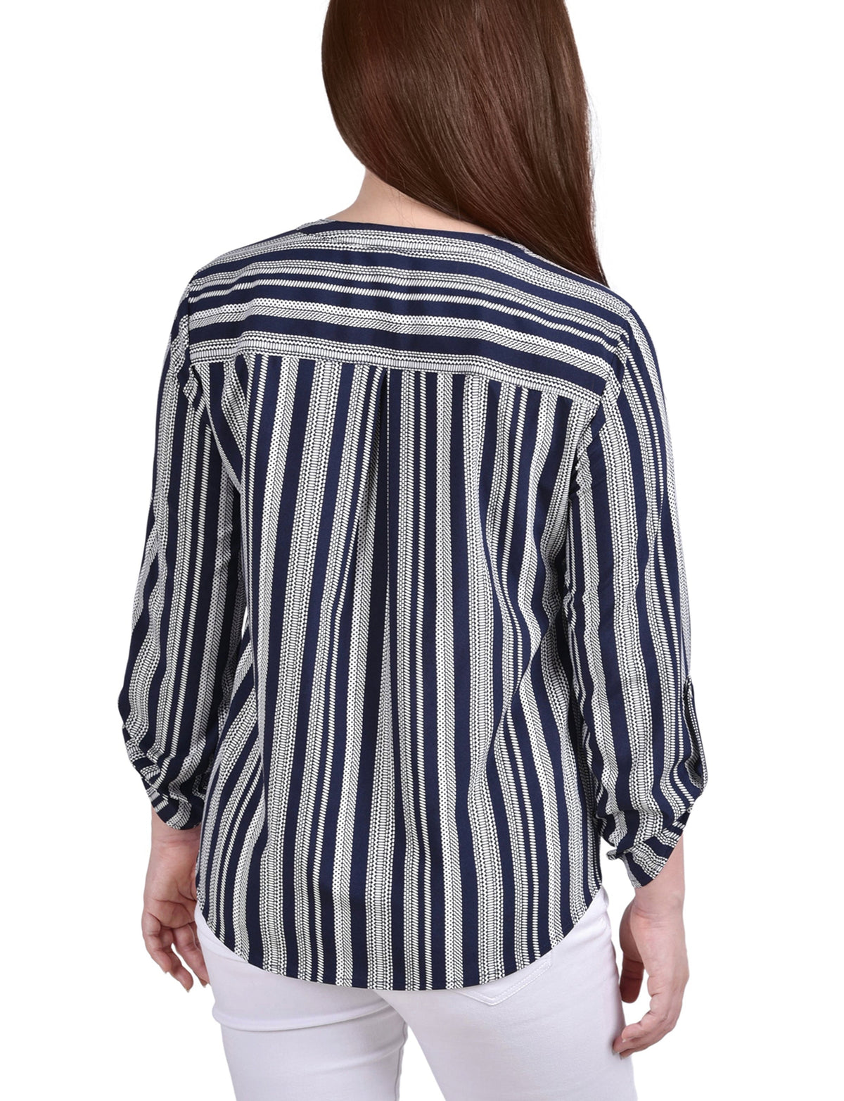 Dressbarn Best Seller | Navy White Stripe 3/4 Roll Tab Sleeve Mandarin Collar Blouse - Petite