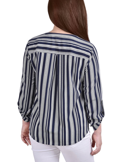 Dressbarn Best Seller | Navy White Stripe 3/4 Roll Tab Sleeve Mandarin Collar Blouse - Petite