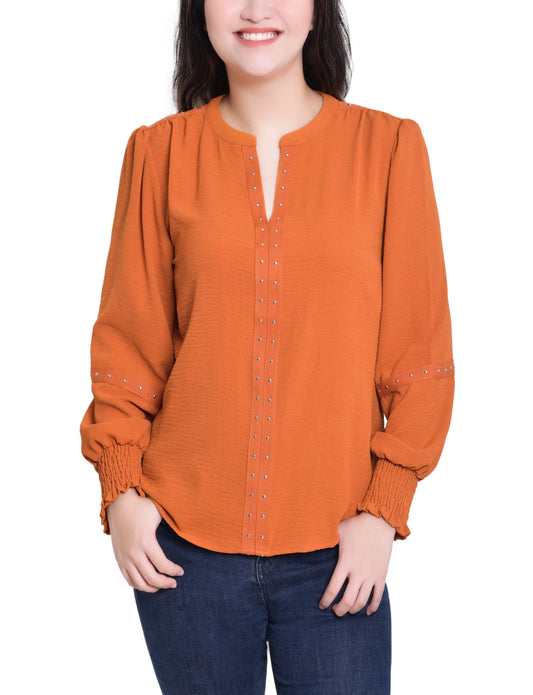 Dressbarn Premium | NY Collection Petite Long Sleeve Studded Blouse