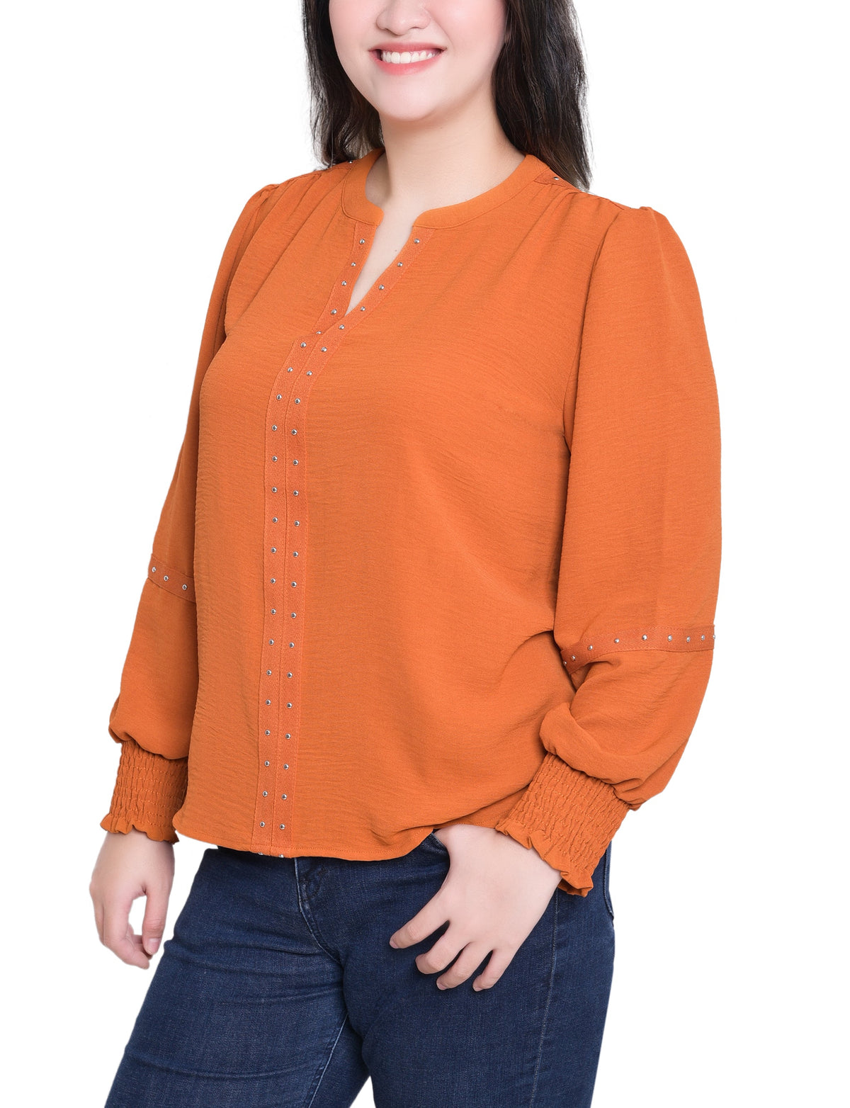 Dressbarn Premium | NY Collection Petite Long Sleeve Studded Blouse