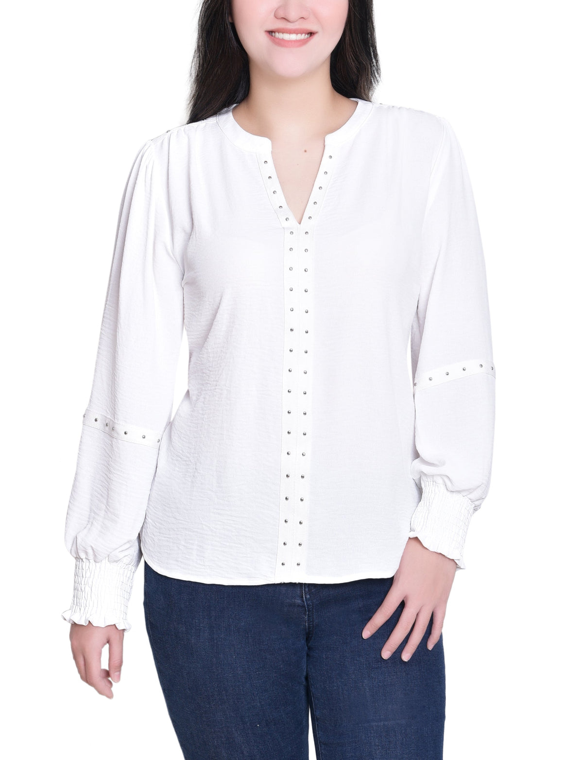 Dressbarn Premium | NY Collection Petite Long Sleeve Studded Blouse