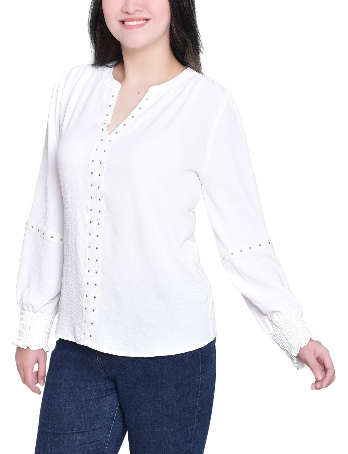 Dressbarn Premium | NY Collection Petite Long Sleeve Studded Blouse