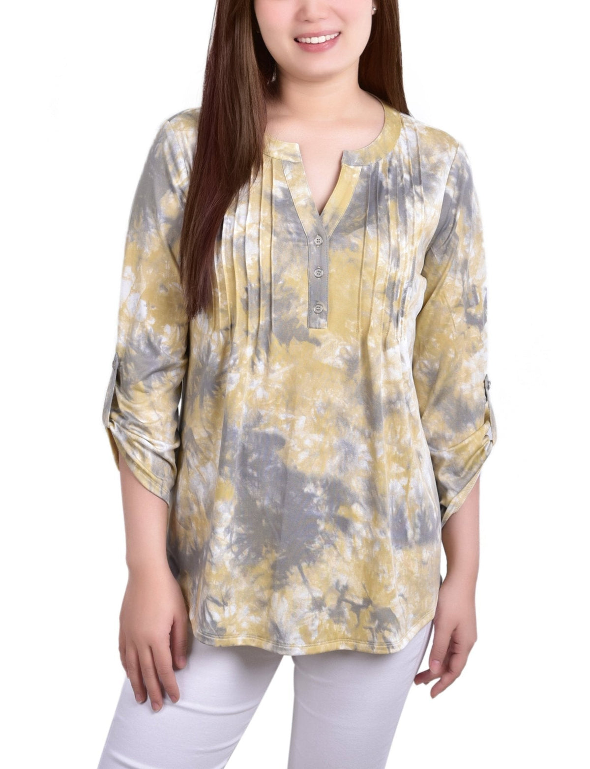 Dressbarn Featured | Yellow Tiedye 3/4 Bell Sleeve Pleat Front Y Neck Top - Petite