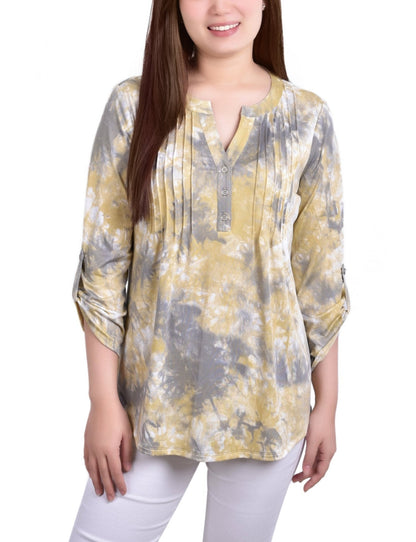 Dressbarn Featured | Yellow Tiedye 3/4 Bell Sleeve Pleat Front Y Neck Top - Petite