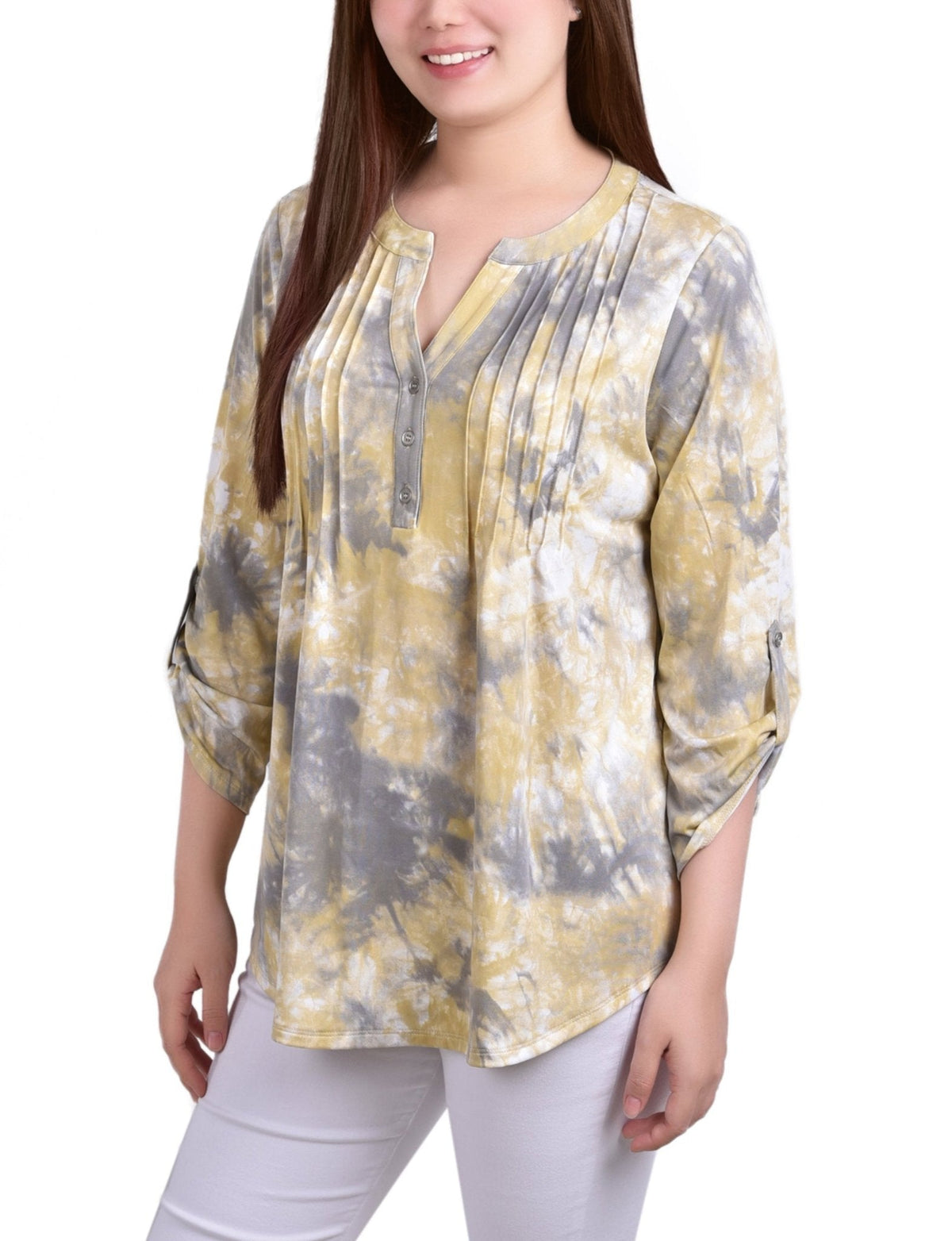 Dressbarn Featured | Yellow Tiedye 3/4 Bell Sleeve Pleat Front Y Neck Top - Petite