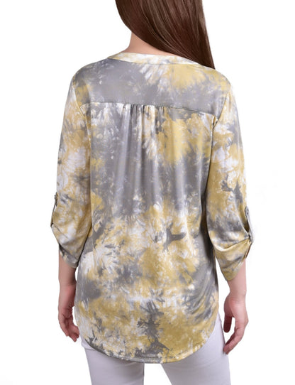 Dressbarn Featured | Yellow Tiedye 3/4 Bell Sleeve Pleat Front Y Neck Top - Petite