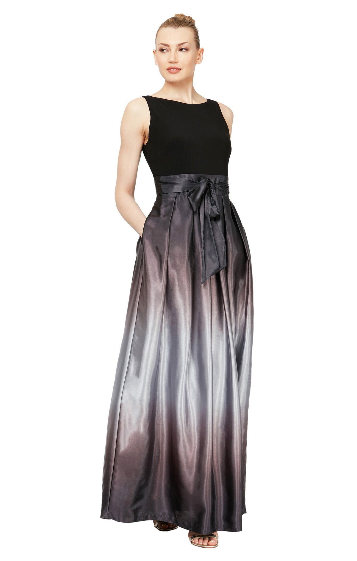 Dressbarn Popular | Sleeveless Gown with Satin Ombre Skirt & Tie Belt - Black Silver - Petite