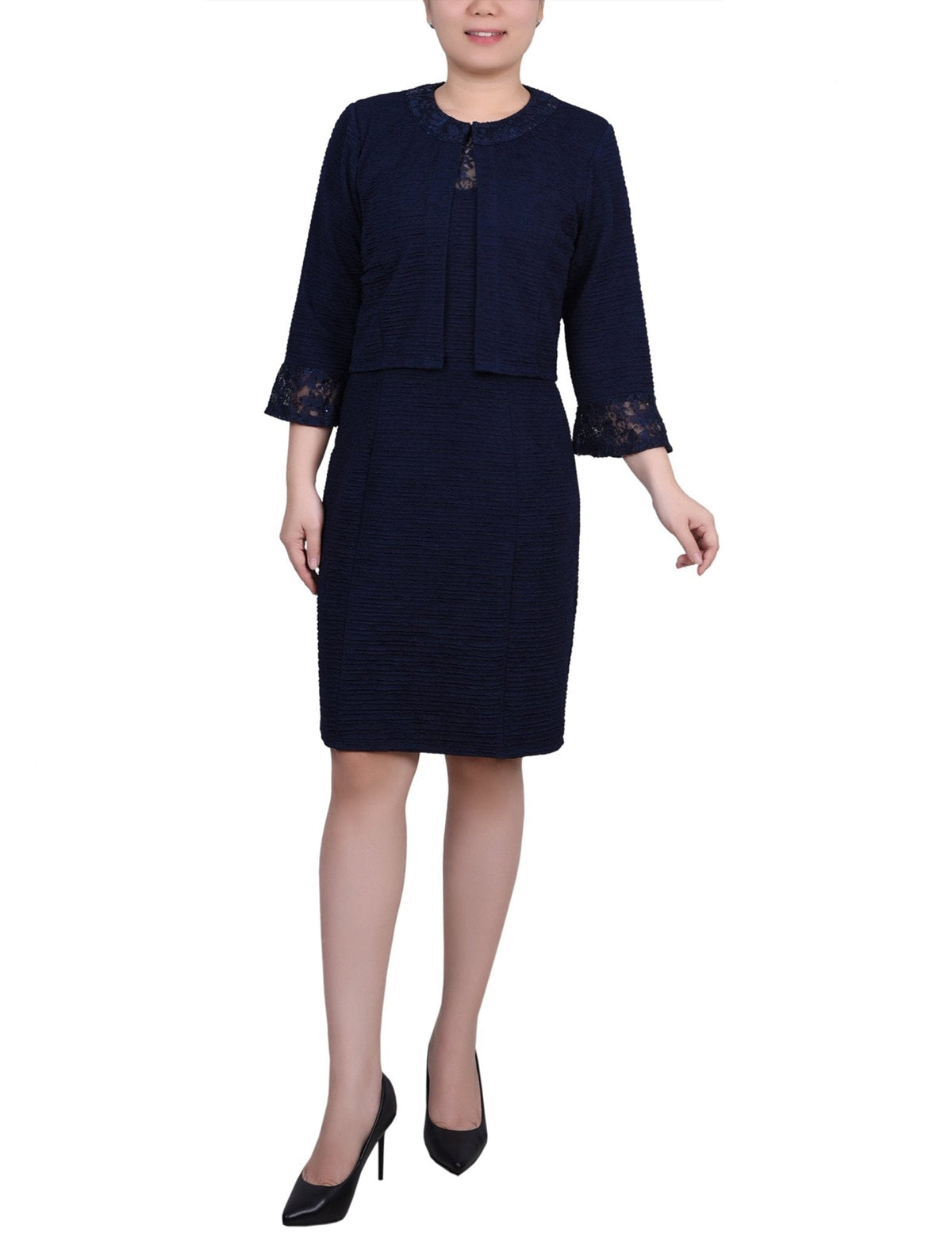 Dressbarn Premium | Navy Two Piece Novelty Knit and Lace Dress Set - Petite