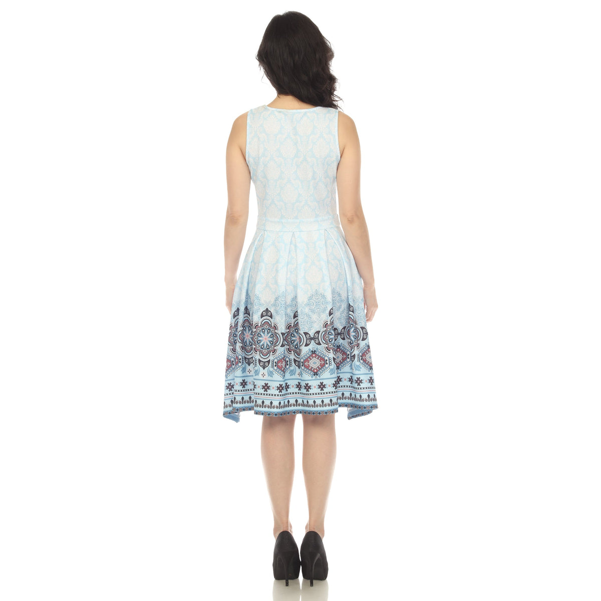 Dressbarn New | Blue Border Print Fit and Flare Knee Length Dress