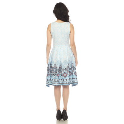 Dressbarn New | Blue Border Print Fit and Flare Knee Length Dress