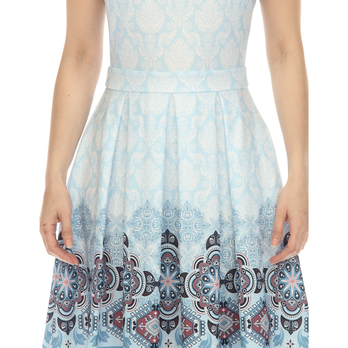 Dressbarn New | Blue Border Print Fit and Flare Knee Length Dress