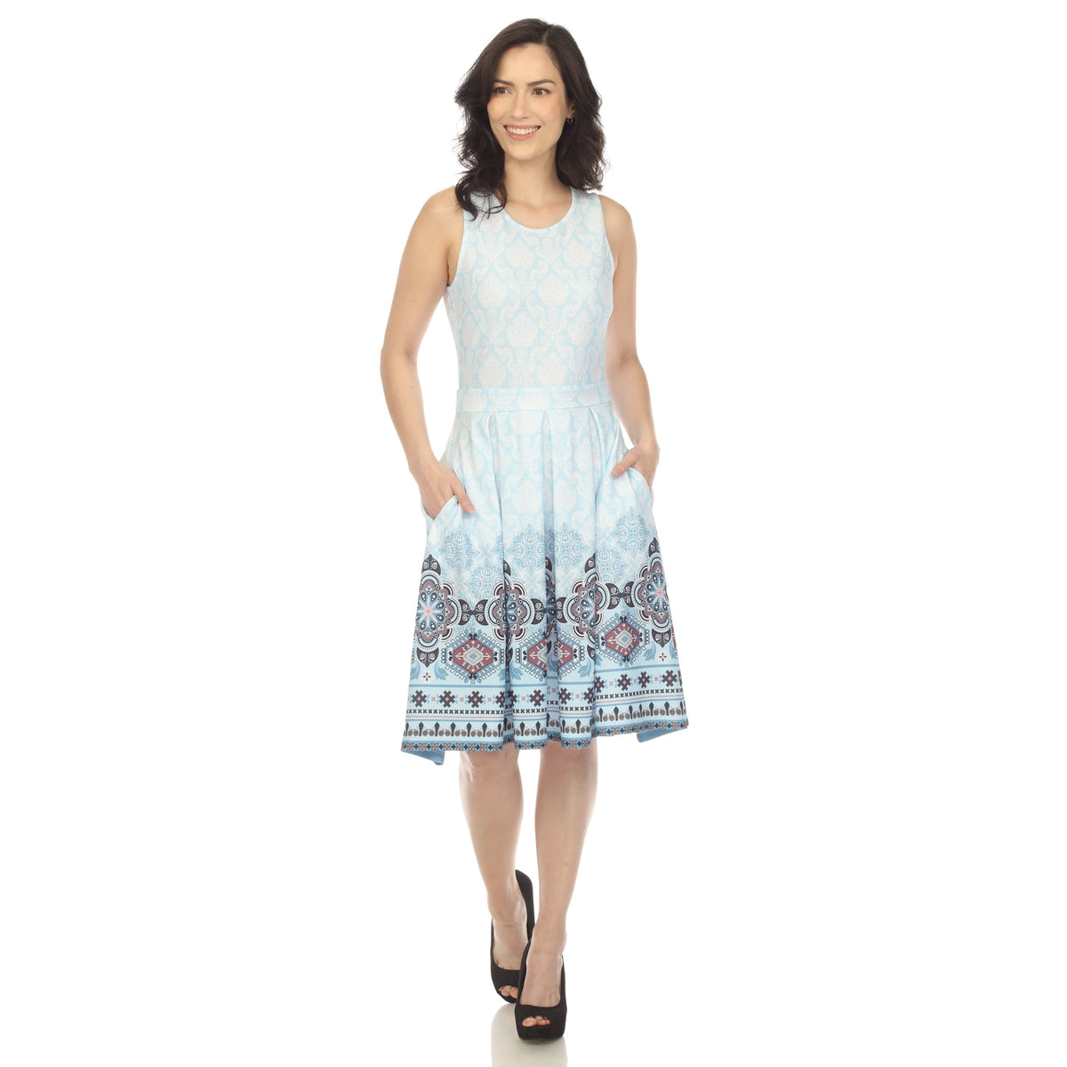 Dressbarn New | Blue Border Print Fit and Flare Knee Length Dress