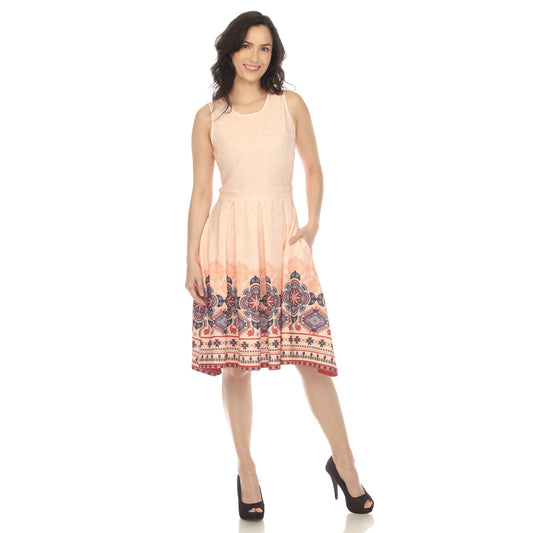 Dressbarn Popular | Orange Border Print Fit and Flare Knee Length Dress