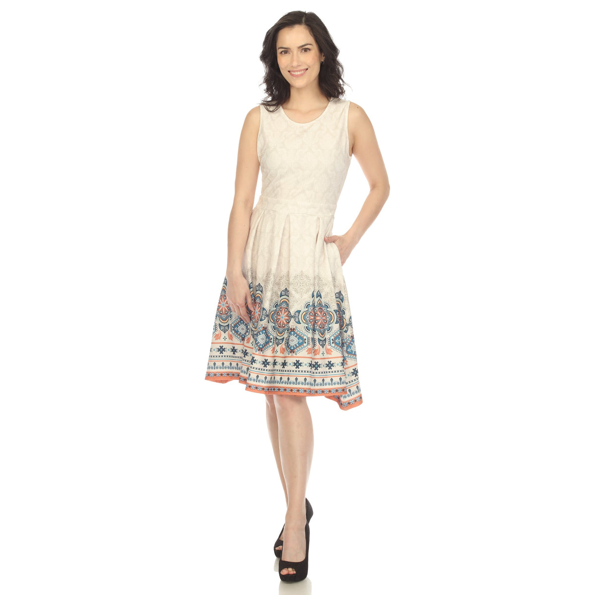 Dressbarn Trending | Beige Border Print Fit and Flare Knee Length Dress