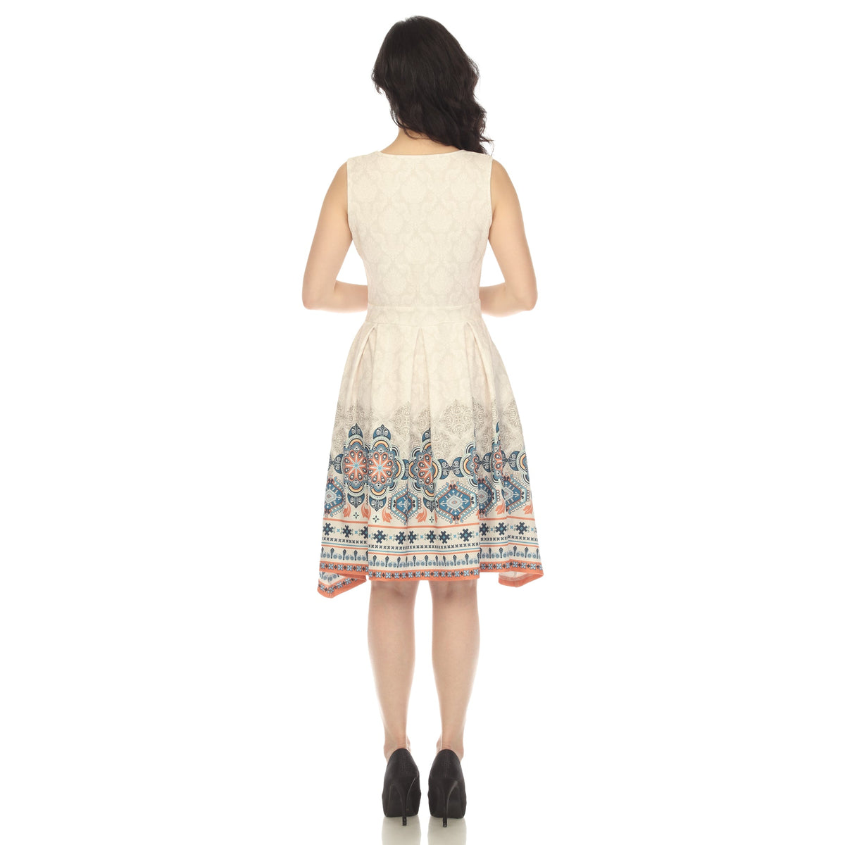 Dressbarn Trending | Beige Border Print Fit and Flare Knee Length Dress