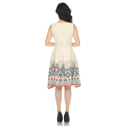 Dressbarn Trending | Beige Border Print Fit and Flare Knee Length Dress