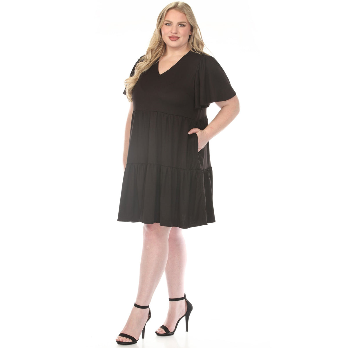 Dressbarn New | Women's  V-Neck Short Sleeve Dress - Black - Plus