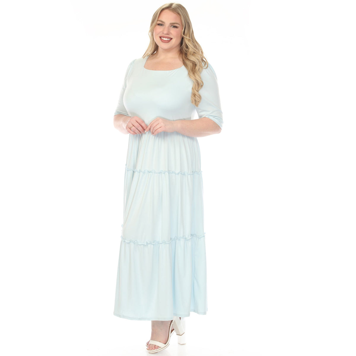 Dressbarn Featured | Women's  Square Neck Short Sleeve Tiered Dress - Dusty Blue - Plus