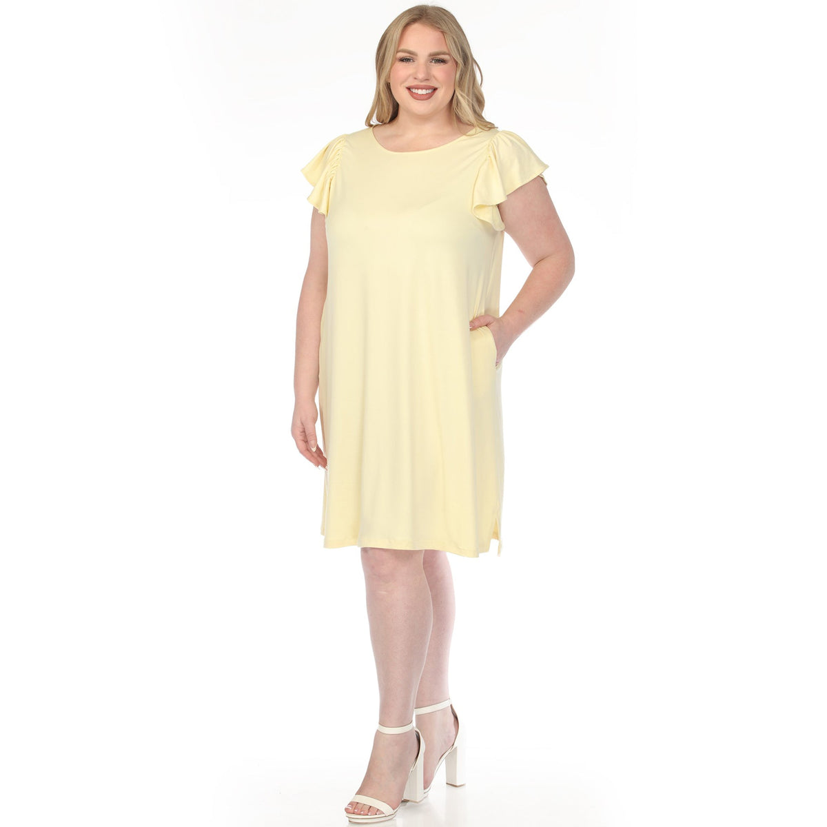 Dressbarn Popular | Women's  Crew Neck Ruffle Sleeve Dress - Yellow - Plus