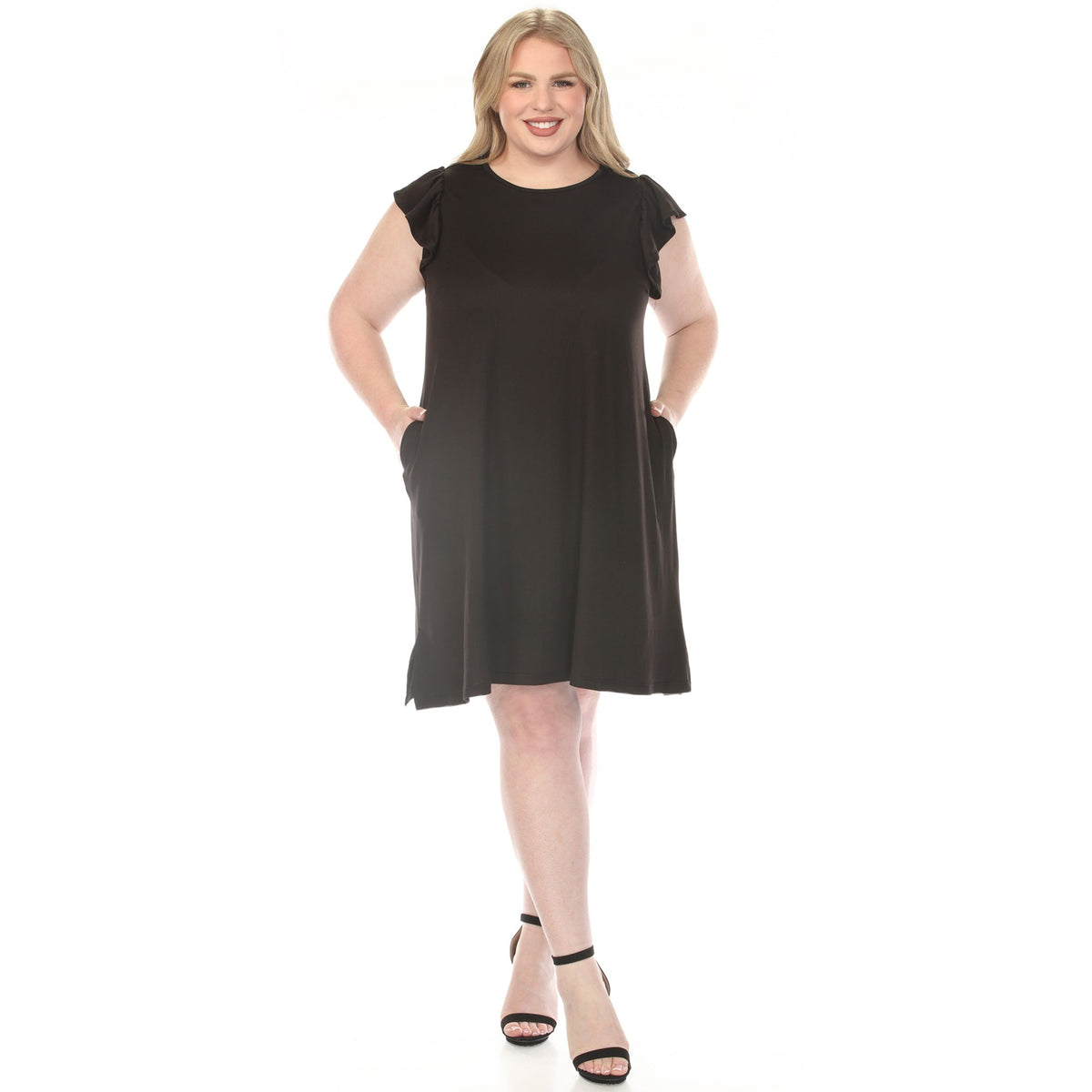 Dressbarn Trending | Women's  Crew Neck Ruffle Sleeve Dress - Black - Plus