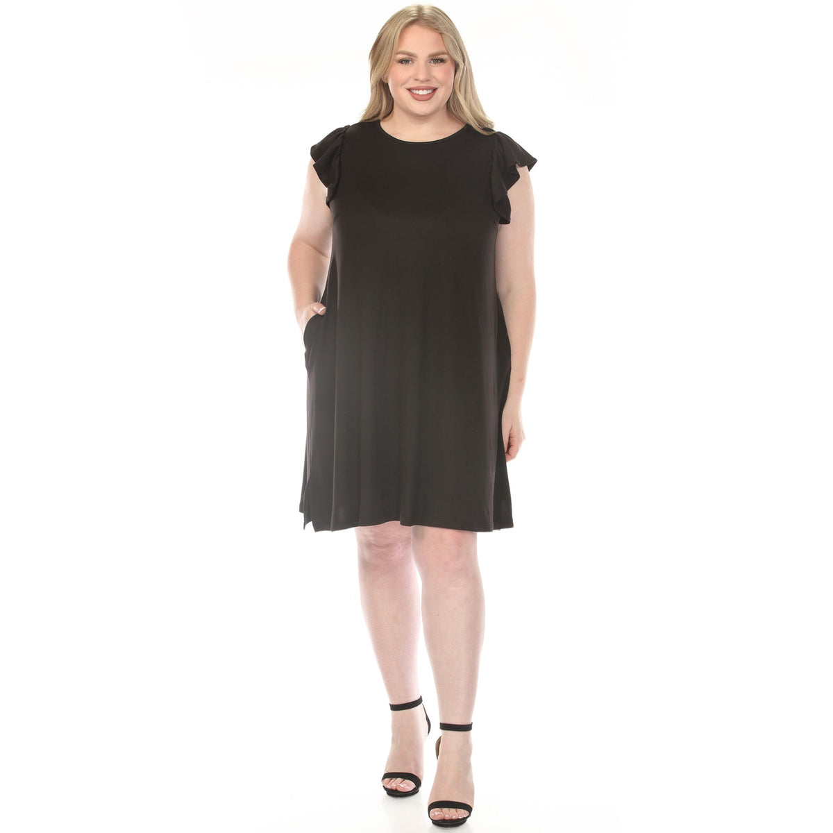 Dressbarn Trending | Women's  Crew Neck Ruffle Sleeve Dress - Black - Plus