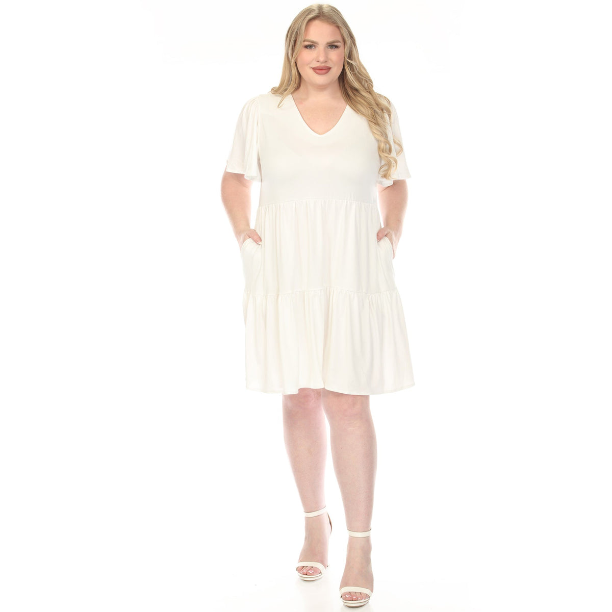 Dressbarn Premium | Women's  V-Neck Short Sleeve Dress - Off White - Plus
