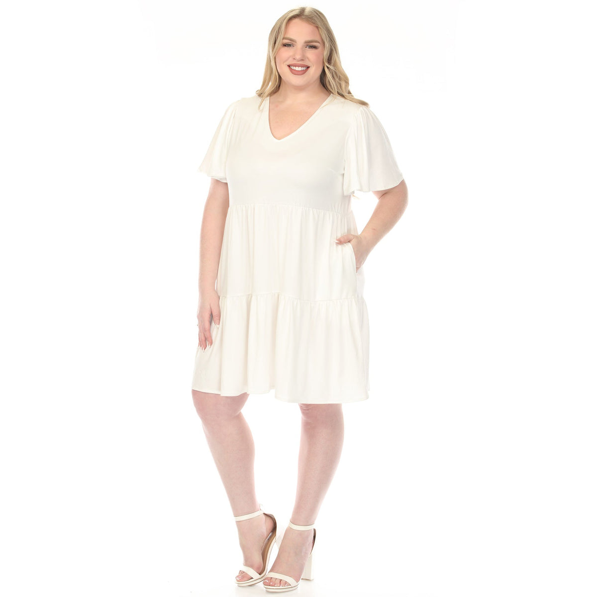 Dressbarn Premium | Women's  V-Neck Short Sleeve Dress - Off White - Plus