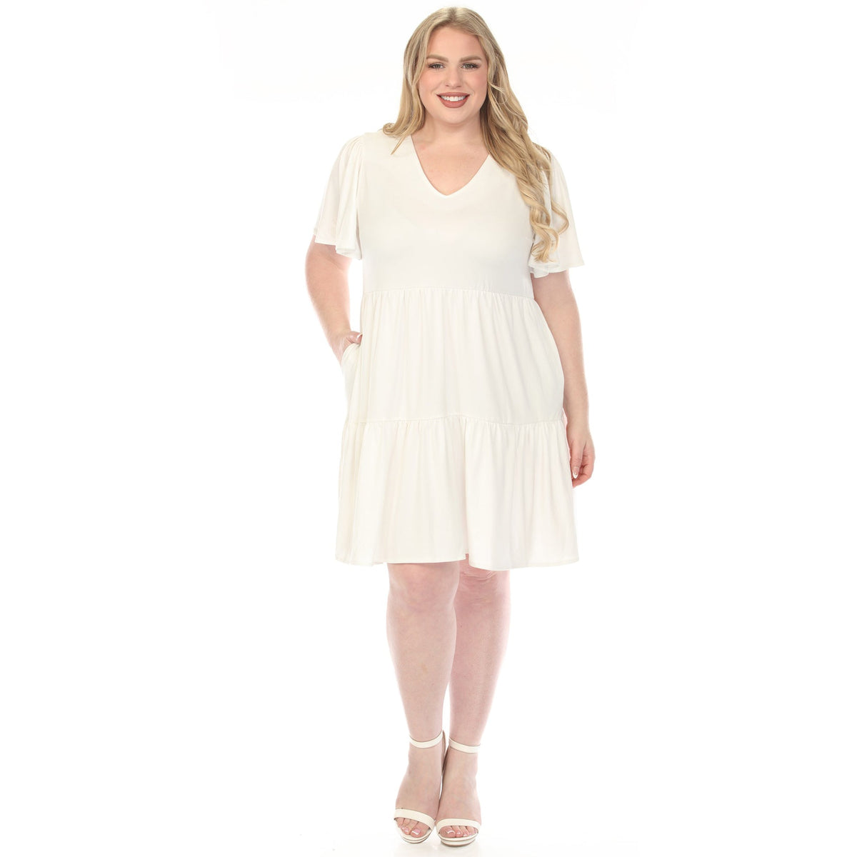 Dressbarn Premium | Women's  V-Neck Short Sleeve Dress - Off White - Plus