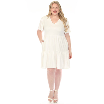Dressbarn Premium | Women's  V-Neck Short Sleeve Dress - Off White - Plus
