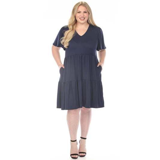 Dressbarn New | Women's  V-Neck Short Sleeve Dress - Navy - Plus