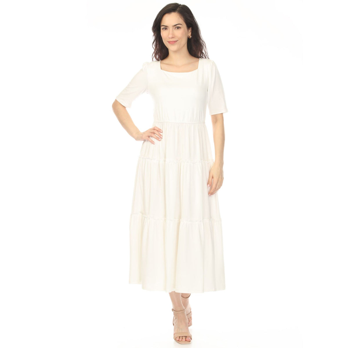 Dressbarn Best Seller | Women's Square Neck Short Sleeve Tiered Dress - Off White