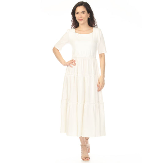 Dressbarn Best Seller | Women's Square Neck Short Sleeve Tiered Dress - Off White