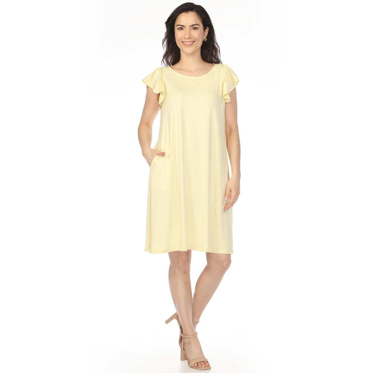 Dressbarn Premium | Women's Crew Neck Ruffle Sleeve Dress - Yellow